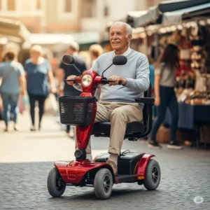 An elderly man confidently riding a 4-wheel power scooter outdoors, emphasizing its maneuverability and independence for daily activities, contrasting with a power wheelchair's typical use.