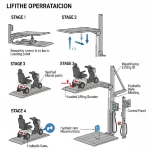 Diagram illustrating the step-by-step operation of a mobility scooter lift, showing the platform lowering, scooter loading, and raising mechanism.