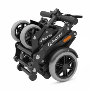 Q Runner mobility scooter in its compact, folded state, highlighting its portable design for easy transport.