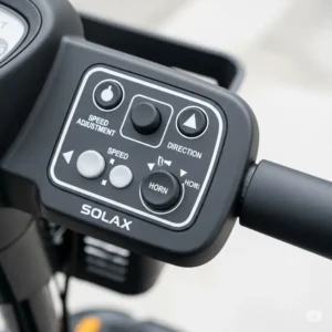 Detailed view of the user-friendly control panel on a Solax mobility scooter, showing simple operation.