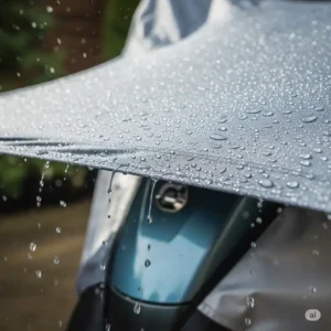 Close-up of waterproof fabric on a mobility scooter cover, highlighting its protective qualities.

