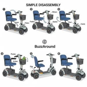 Showing easy disassembly of the buzz around scooter for travel.