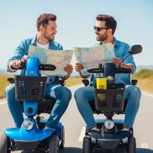 Two friends planning their trip with a journey zoomer scooter.
