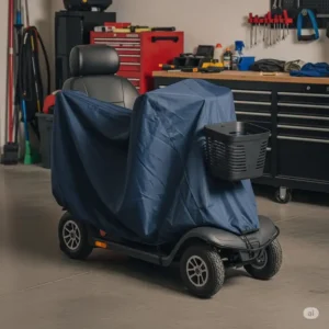 Lightweight indoor mobility scooter dust cover protecting a scooter in a garage.