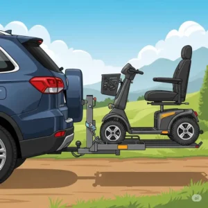 An illustration of a sturdy mobility scooter lift attached to the hitch receiver of an SUV, ready for outdoor adventures.