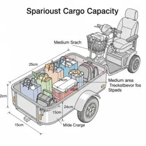 Diagram illustrating the spacious dimensions and cargo capacity of a typical mobility scooter trailer, comfortably holding shopping bags or a cooler for outings.