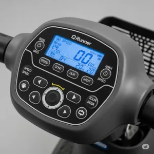 Ergonomic control panel of the Q Runner mobility scooter, showcasing intuitive buttons and display.