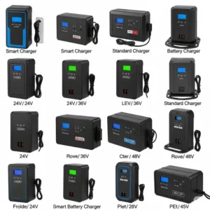 "Collage displaying various types of mobility scooter battery chargers, including smart chargers and different voltage options."