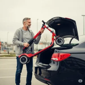 An individual effortlessly lifting an ultra lightweight folding mobility scooter into the trunk of a car, highlighting ease of transport.