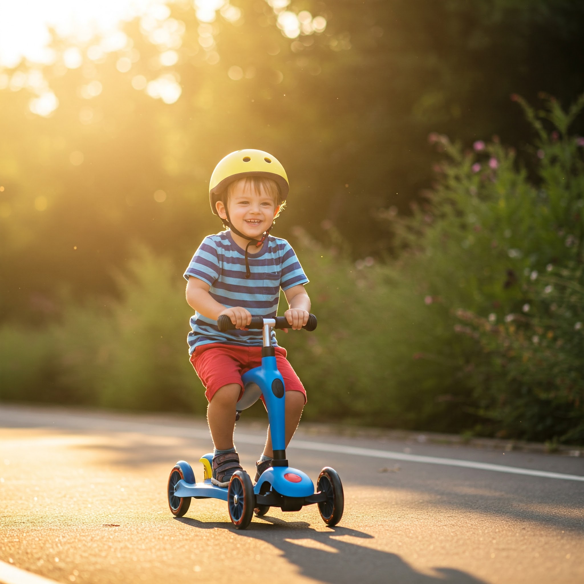 A happy child safely riding a blue 3 wheel childs scooter on a paved path.
