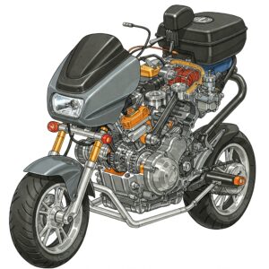 "Detailed illustration of the gas engine of a 3 wheel scooter, emphasizing its components and power source."