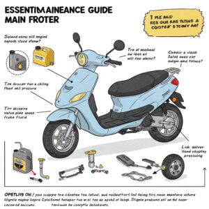 "Illustration providing a visual guide to the basic maintenance of a 3 wheel gas scooter, including checking fluids and tire pressure."