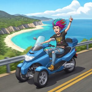 "Illustration depicting a person riding a 3 wheel gas scooter on a scenic route, suggesting freedom and mobility." 