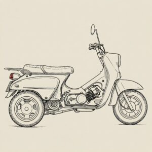 "Side profile illustration of a 3 wheel gas scooter, showing the seat, fuel tank, and the arrangement of its three wheels." 
