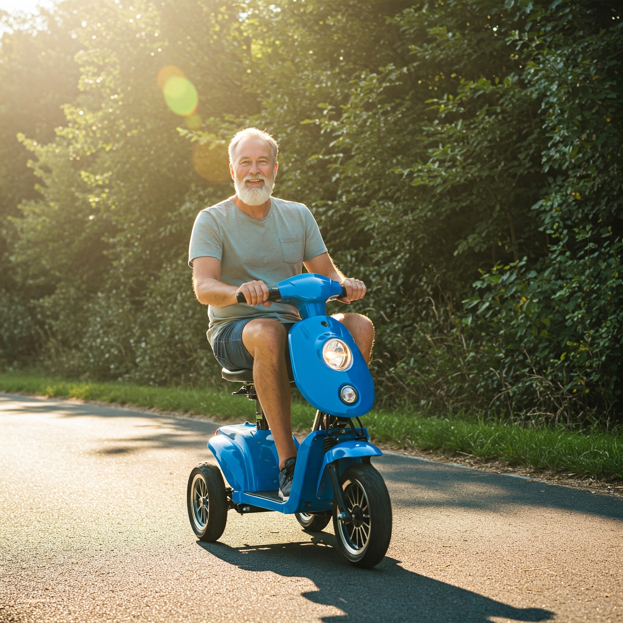 Adult riding a comfortable 3 wheeled scooter on a paved path.