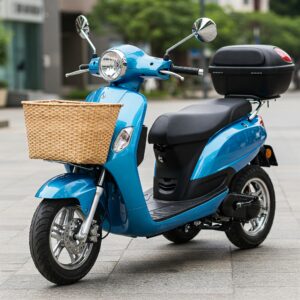 Practical 3 wheeled scooter equipped with a convenient front basket.