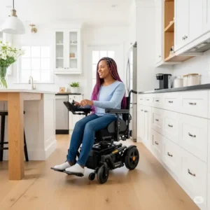 A woman navigating a power wheelchair comfortably within a home setting, showcasing the compact design and accessibility features ideal for indoor use, differing from a power scooter.