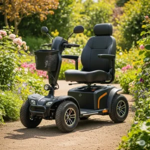 All terrain mobility scooter parked in a beautiful garden, emphasizing its use for outdoor activities and accessibility.