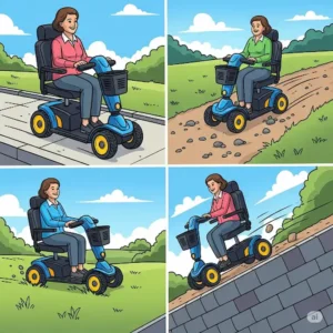 Mobility scooter being driven across various terrains, demonstrating versatility.