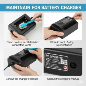 "Image illustrating best practices for maintaining a mobility scooter battery charger, such as proper storage and cleaning."