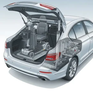 Cutaway illustration showing a compact mobility scooter lift installed inside the trunk of a car, efficiently stowing a scooter.