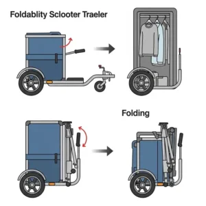 Animated illustration showing a mobility scooter trailer folding down compactly for easy storage, highlighting its portability and convenience.