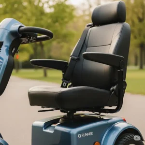 Comfortable, adjustable seating and armrests on the Q Runner mobility scooter, designed for long rides.