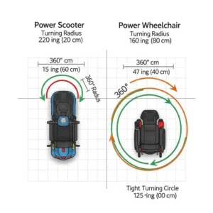 An overhead diagram comparing the turning radius of a power scooter vs power wheelchair, visually explaining which device offers better maneuverability in tight spaces.