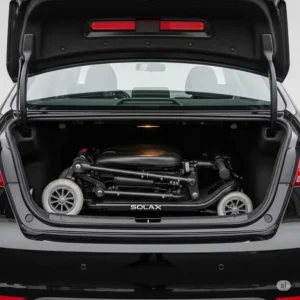 A folded Solax mobility scooter fitting easily into a car trunk, emphasizing its convenient transportability.