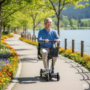 A happy user riding an ultra lightweight folding mobility scooter along a scenic outdoor path, showcasing its usability for independent travel.