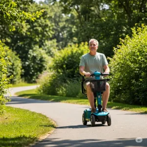 An individual riding a vive mobility scooter outdoors.