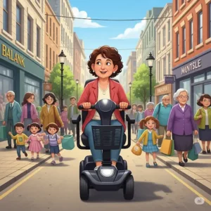 Person driving a mobility scooter easily through a crowded area, showcasing maneuverability.