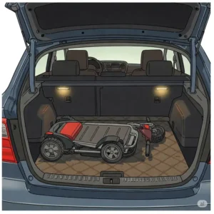 Illustration showing the compact Pride Go-Go scooter fitting conveniently into a car trunk.