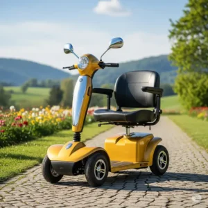 Golden companion scooter in a scenic outdoor setting, symbolizing freedom and mobility.