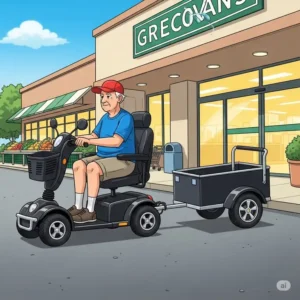 Illustration of an individual on a mobility scooter with an attached mobility scooter trailer, parked outside a grocery store, ready for a practical shopping trip.