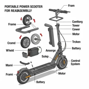 A graphic showing a power scooter disassembled into its major components, illustrating how easily portable power scooters can be transported for travel, unlike some power wheelchair models.