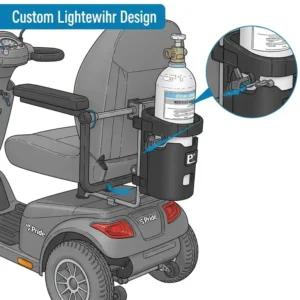 An illustration detailing an oxygen tank holder accessory securely attached to the back of a Pride Mobility scooter, a vital pride mobility scooter accessories providing essential support for medical needs.