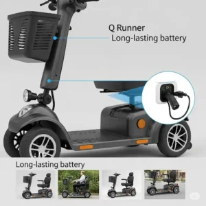 Long-lasting battery and convenient charging port of the Q Runner mobility scooter for extended use.