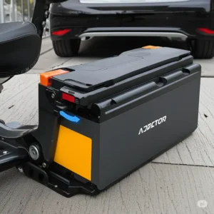 Close-up of the long-lasting battery and accessible charging port of a Solax mobility scooter.