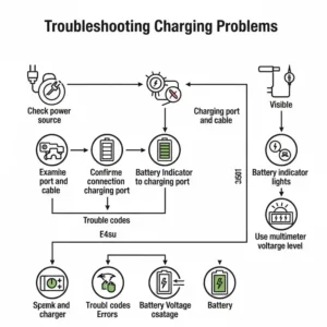"Flowchart or infographic detailing common troubleshooting steps for mobility scooter battery charging problems."
