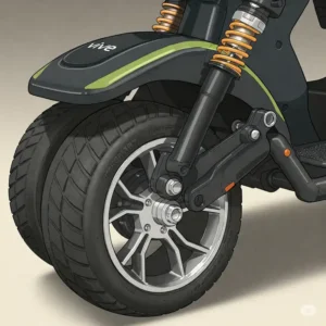 Close-up of the wheel and suspension of a vive mobility scooter.