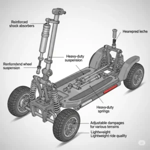 Technical diagram illustrating the advanced suspension system of an all terrain mobility scooter, designed for smooth rides. 