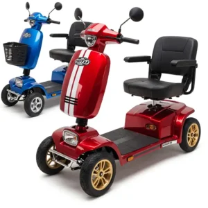 Illustration emphasizing the safety features of a jazzy mobility scooter, including lights and reflectors for enhanced visibility.