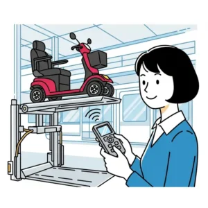 Illustration of a user easily operating a mobility scooter lift with a wireless remote control, highlighting convenient functionality.