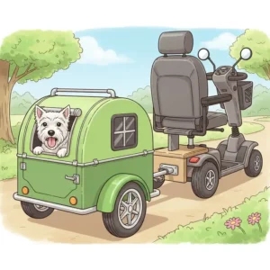 Illustration of a small, enclosed mobility scooter trailer designed for pets, pulled by a mobility scooter, showing a happy dog peering out.

