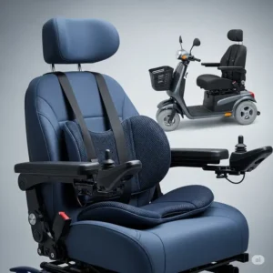 A close-up of an ergonomic power wheelchair seat with adjustable features, highlighting superior comfort and support compared to typical power scooter seating.

