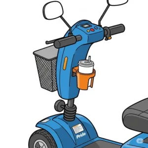 Simple illustration of a convenient cup holder accessory mounted on the tiller of a Pride Mobility scooter, one of the handy pride mobility scooter accessories keeping beverages easily accessible.