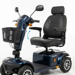 Ergonomic seat and adjustable tiller on a Solax mobility scooter designed for optimal rider comfort.