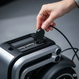 A hand plugging in the charger to the long-lasting battery of an ultra lightweight folding mobility scooter, illustrating convenient charging.