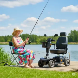 Elderly individual enjoying a fishing trip with their all terrain mobility scooter conveniently parked nearby, demonstrating outdoor freedom.
